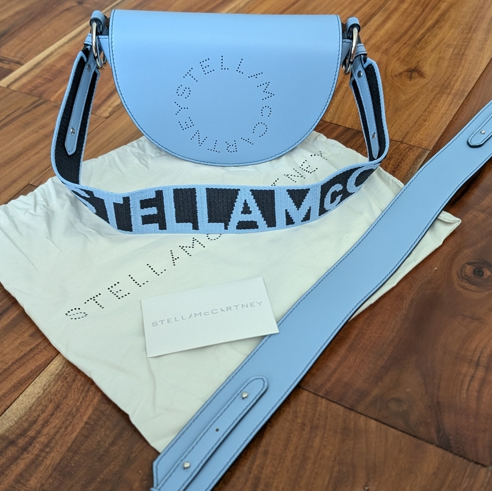 Stella Mccartney Linea Logo Saddle Sky Shoulder Bag Removable Strap Dust Bag Nwt